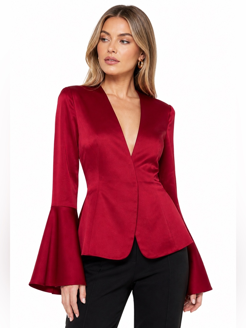 L’ATISTE Red Structured Blazer Open Bell Sleeve Deep V Statement Top Size Small